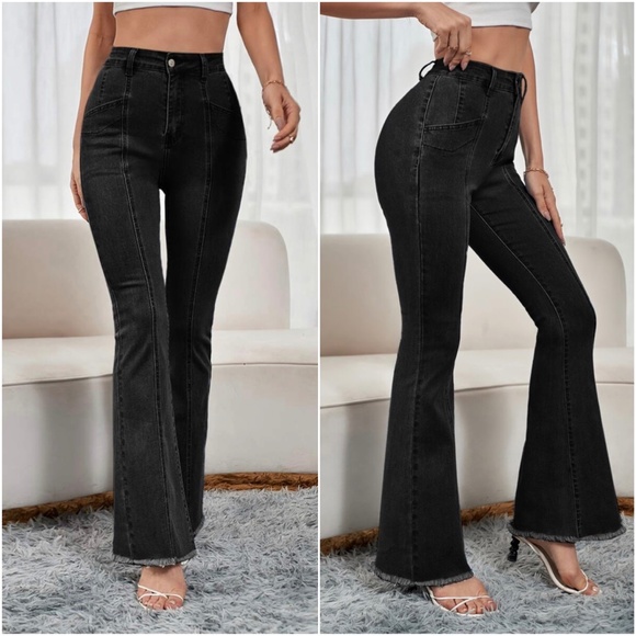 Medium Wash Blue Frayed Hem Wide leg Fitted Denim Jeans - Picture 2 of 9